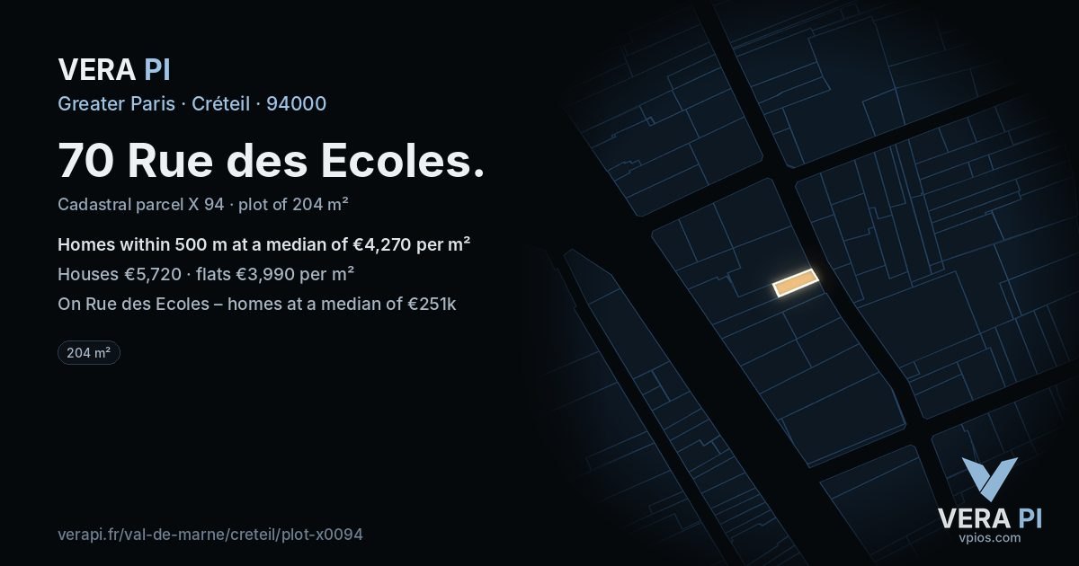 70 Rue des Ecoles, Créteil at night – the plot lit, the parcels around coloured by the prices near them
