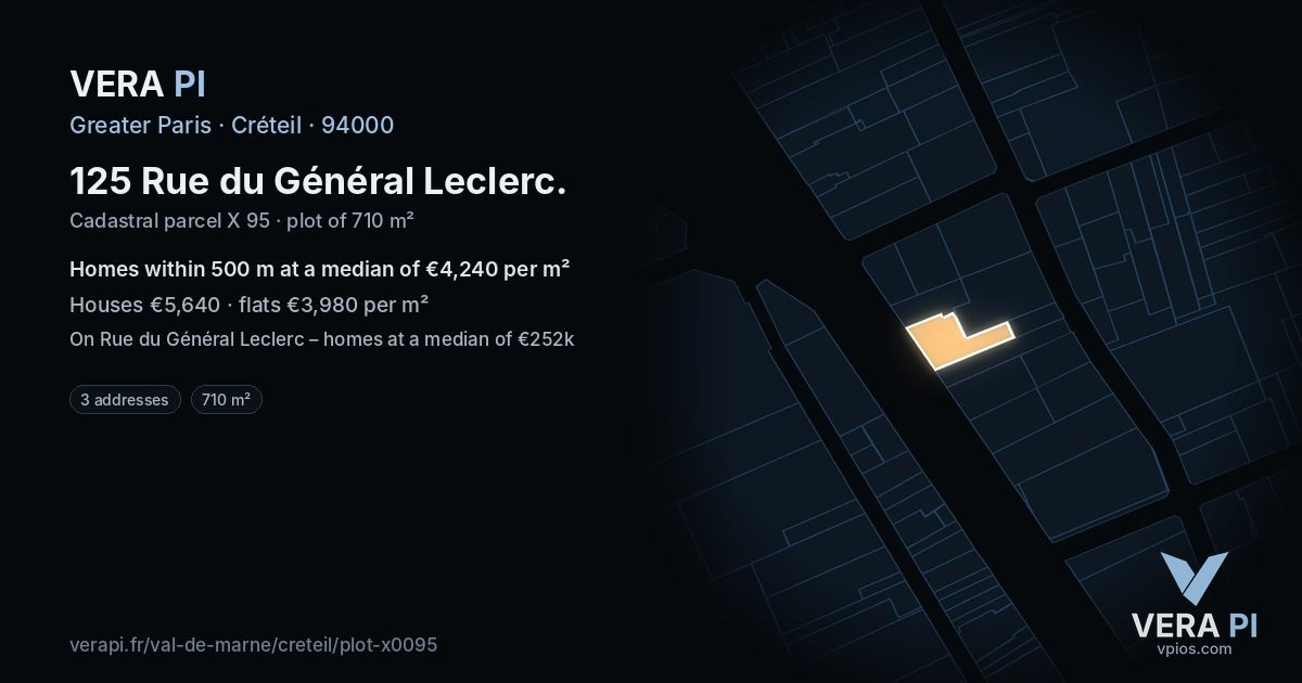 125 Rue du Général Leclerc, Créteil at night – the plot lit, the parcels around coloured by the prices near them