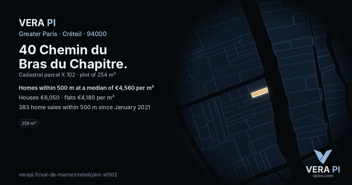 40 Chemin du Bras du Chapitre, Créteil at night – the plot lit, the parcels around coloured by the prices near them