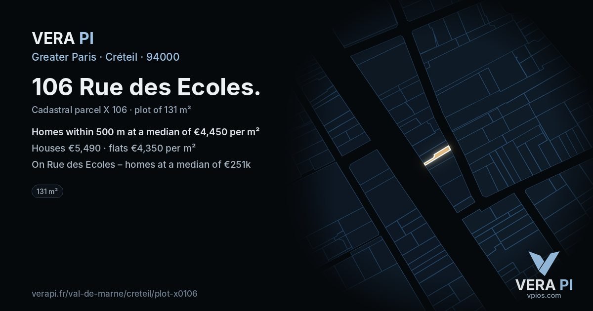 106 Rue des Ecoles, Créteil at night – the plot lit, the parcels around coloured by the prices near them