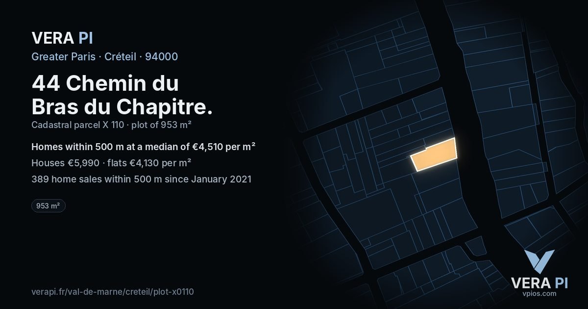 44 Chemin du Bras du Chapitre, Créteil at night – the plot lit, the parcels around coloured by the prices near them