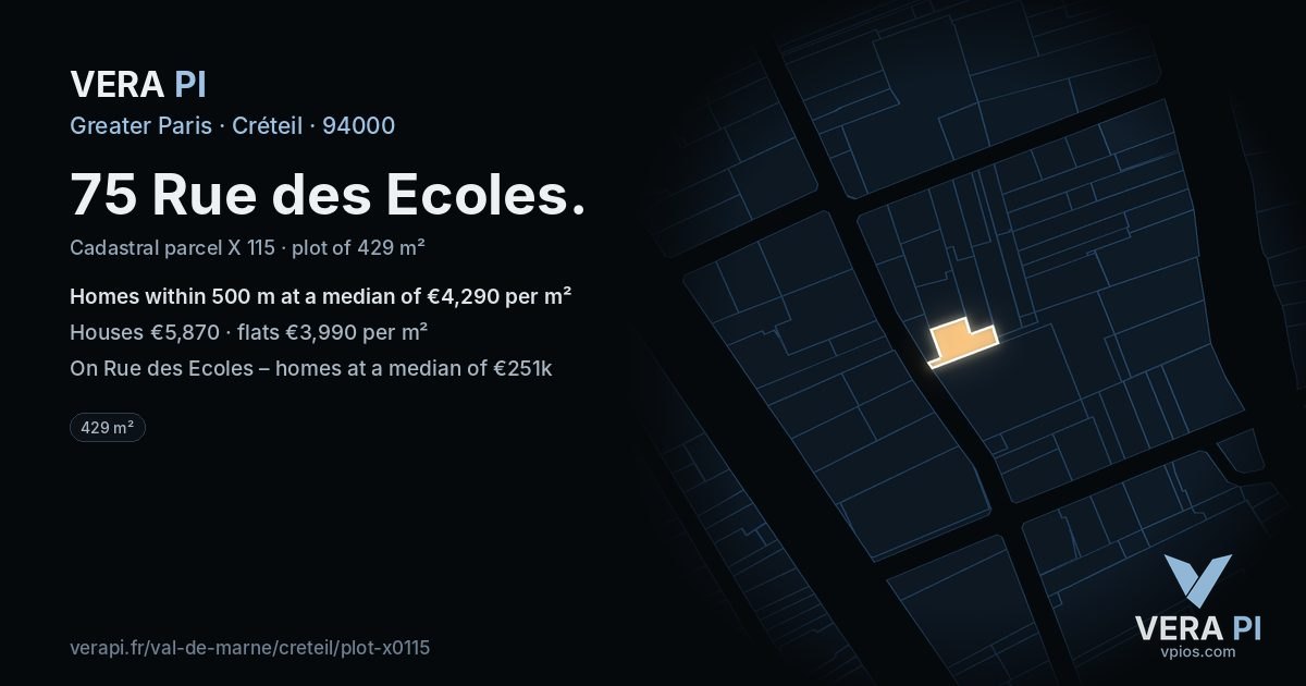 75 Rue des Ecoles, Créteil at night – the plot lit, the parcels around coloured by the prices near them