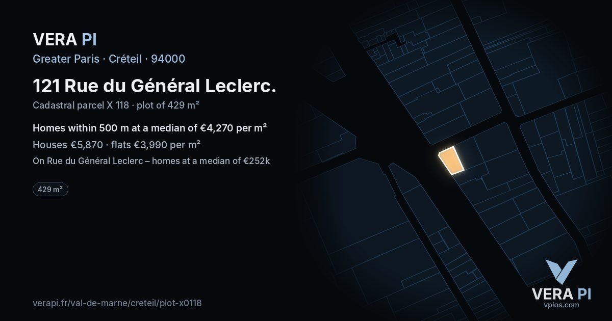 121 Rue du Général Leclerc, Créteil at night – the plot lit, the parcels around coloured by the prices near them