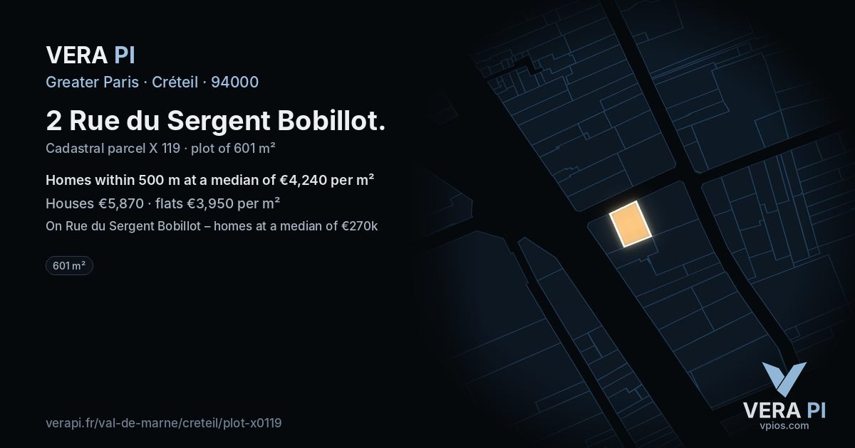 2 Rue du Sergent Bobillot, Créteil at night – the plot lit, the parcels around coloured by the prices near them