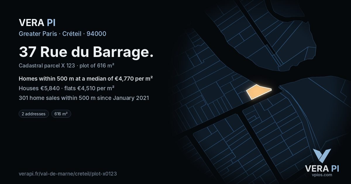 37 Rue du Barrage, Créteil at night – the plot lit, the parcels around coloured by the prices near them