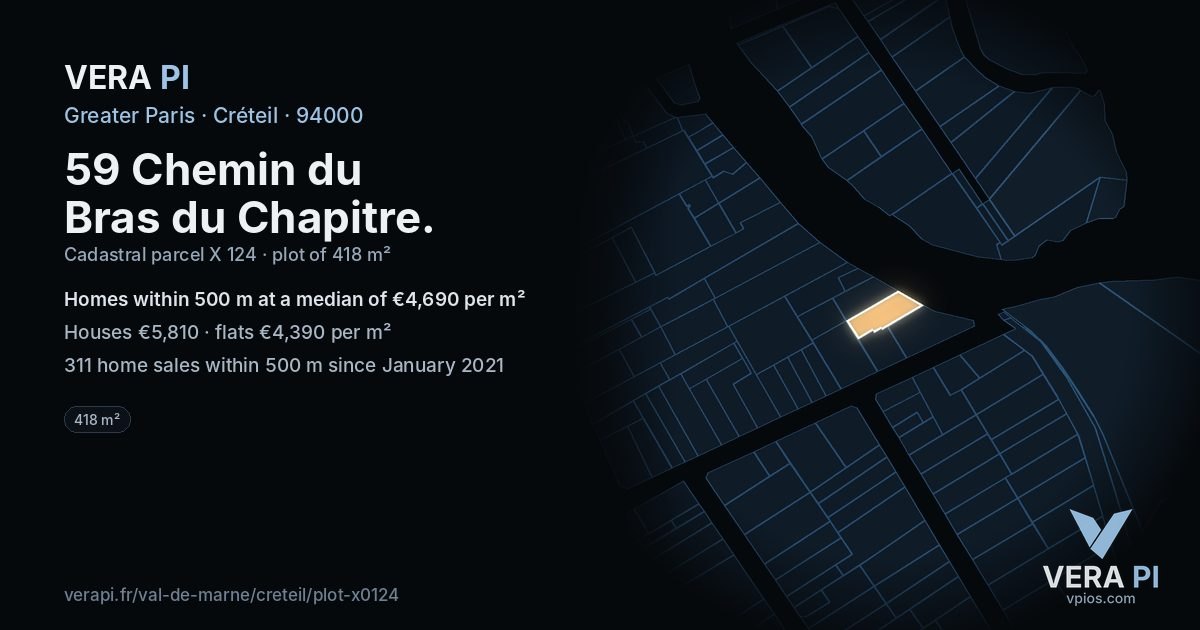 59 Chemin du Bras du Chapitre, Créteil at night – the plot lit, the parcels around coloured by the prices near them