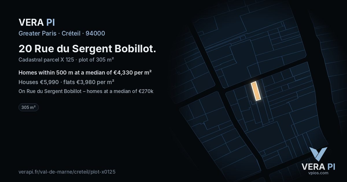 20 Rue du Sergent Bobillot, Créteil at night – the plot lit, the parcels around coloured by the prices near them