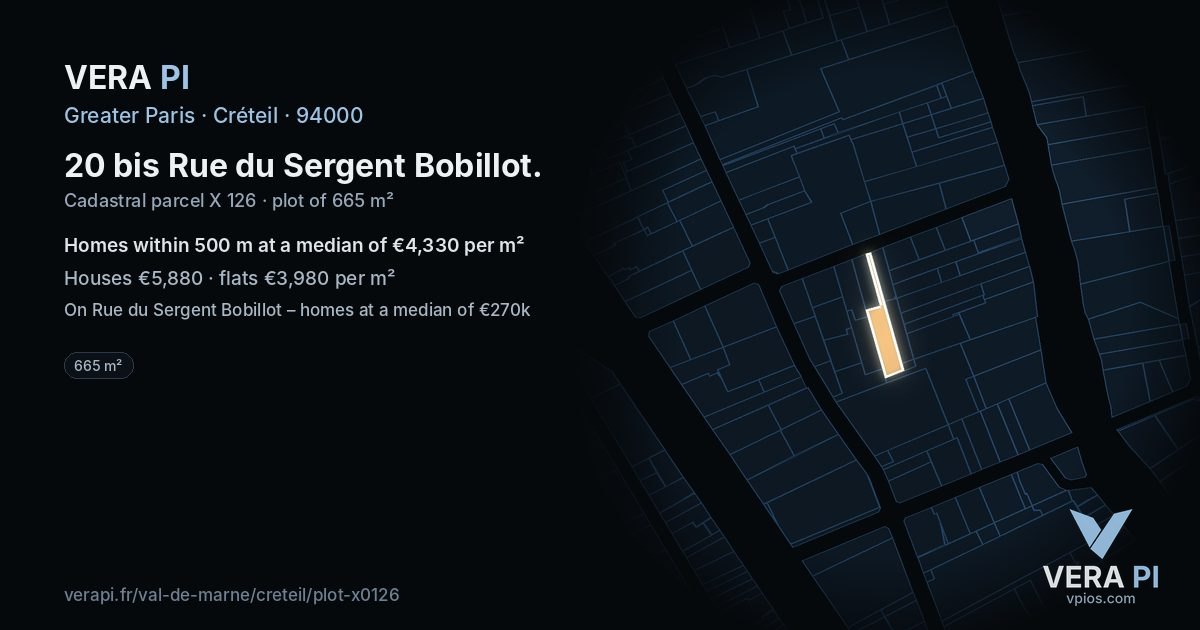 20 bis Rue du Sergent Bobillot, Créteil at night – the plot lit, the parcels around coloured by the prices near them
