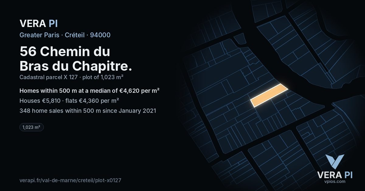 56 Chemin du Bras du Chapitre, Créteil at night – the plot lit, the parcels around coloured by the prices near them