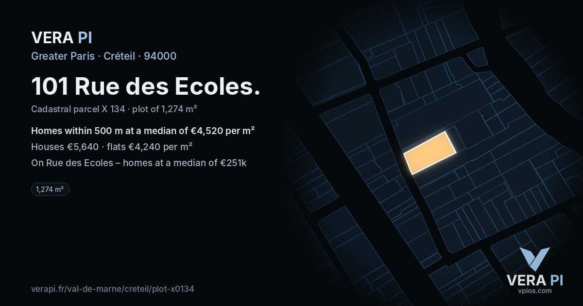 101 Rue des Ecoles, Créteil at night – the plot lit, the parcels around coloured by the prices near them