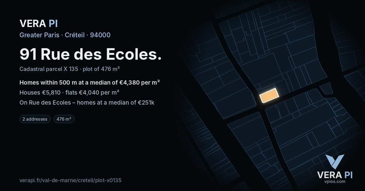 91 Rue des Ecoles, Créteil at night – the plot lit, the parcels around coloured by the prices near them