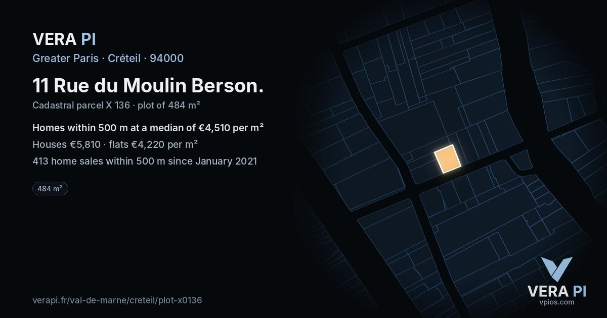 11 Rue du Moulin Berson, Créteil at night – the plot lit, the parcels around coloured by the prices near them