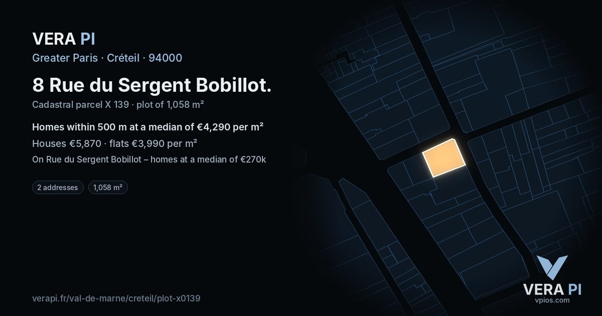 8 Rue du Sergent Bobillot, Créteil at night – the plot lit, the parcels around coloured by the prices near them