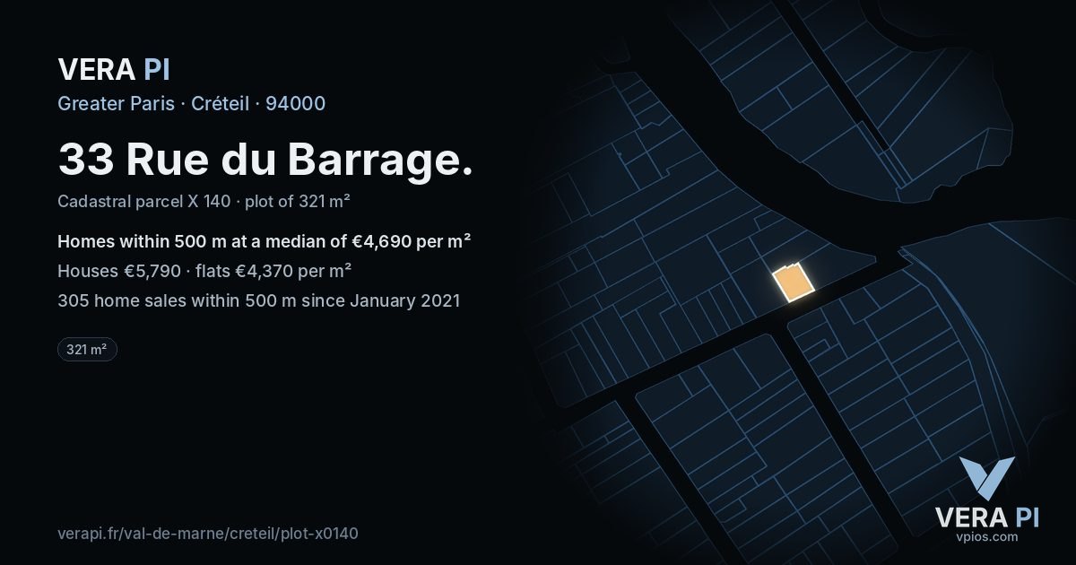 33 Rue du Barrage, Créteil at night – the plot lit, the parcels around coloured by the prices near them