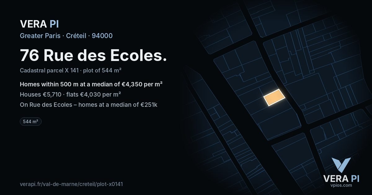 76 Rue des Ecoles, Créteil at night – the plot lit, the parcels around coloured by the prices near them