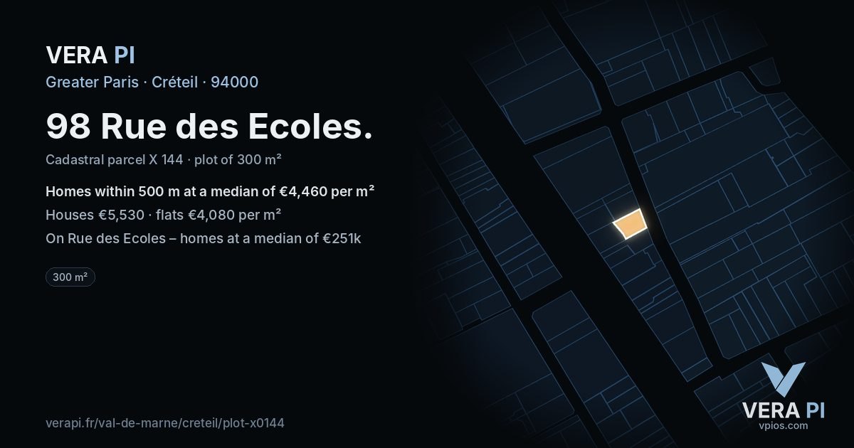 98 Rue des Ecoles, Créteil at night – the plot lit, the parcels around coloured by the prices near them