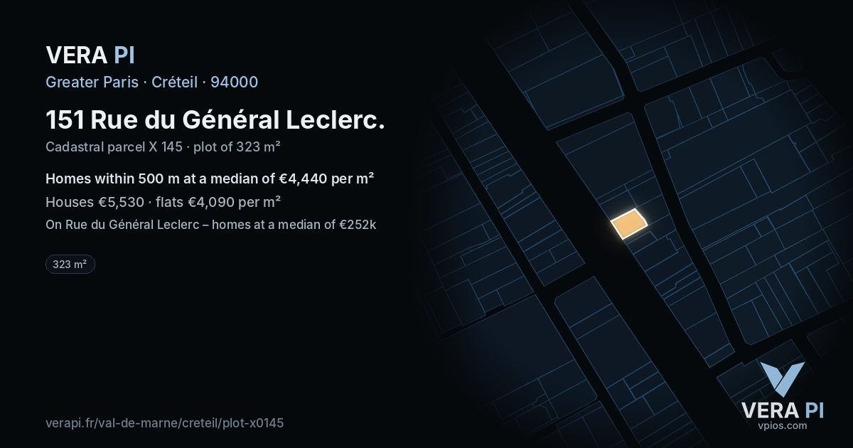 151 Rue du Général Leclerc, Créteil at night – the plot lit, the parcels around coloured by the prices near them