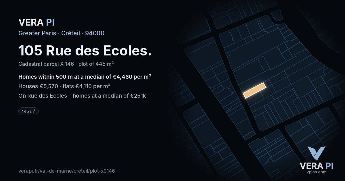 105 Rue des Ecoles, Créteil at night – the plot lit, the parcels around coloured by the prices near them