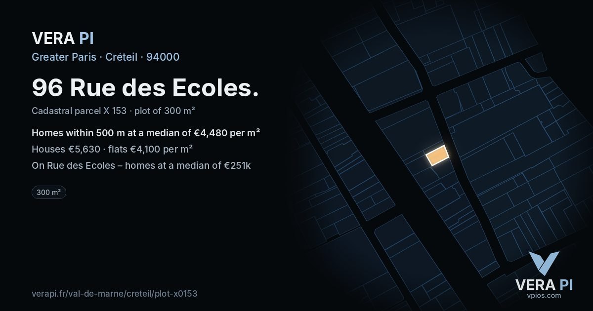 96 Rue des Ecoles, Créteil at night – the plot lit, the parcels around coloured by the prices near them