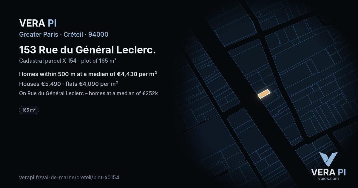 153 Rue du Général Leclerc, Créteil at night – the plot lit, the parcels around coloured by the prices near them