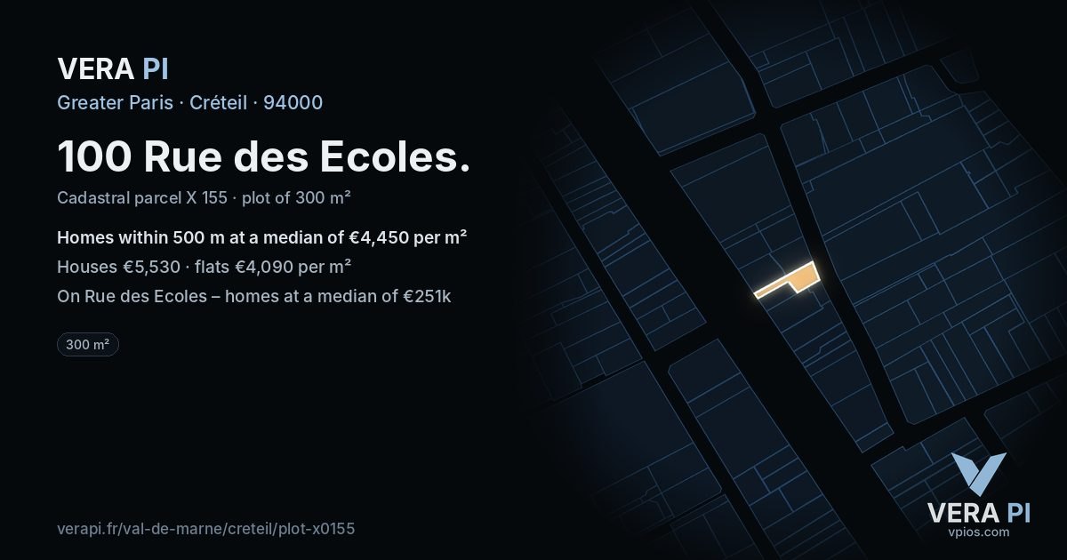 100 Rue des Ecoles, Créteil at night – the plot lit, the parcels around coloured by the prices near them