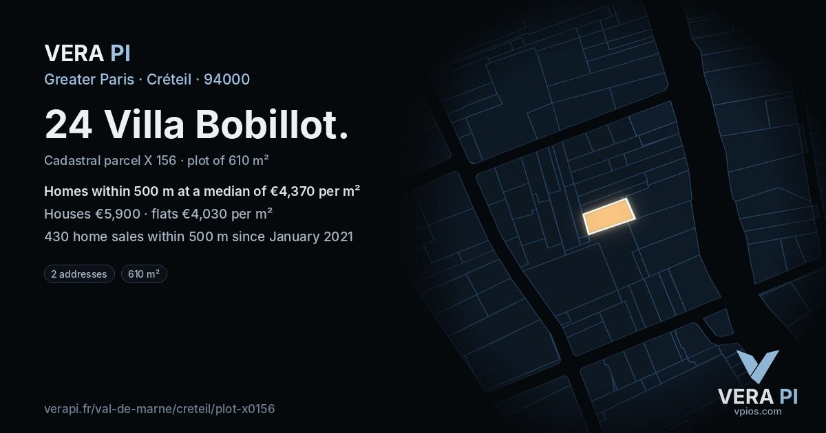 24 Villa Bobillot, Créteil at night – the plot lit, the parcels around coloured by the prices near them