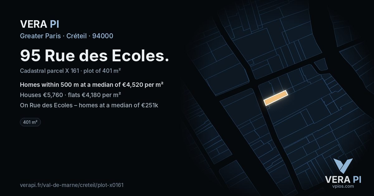 95 Rue des Ecoles, Créteil at night – the plot lit, the parcels around coloured by the prices near them