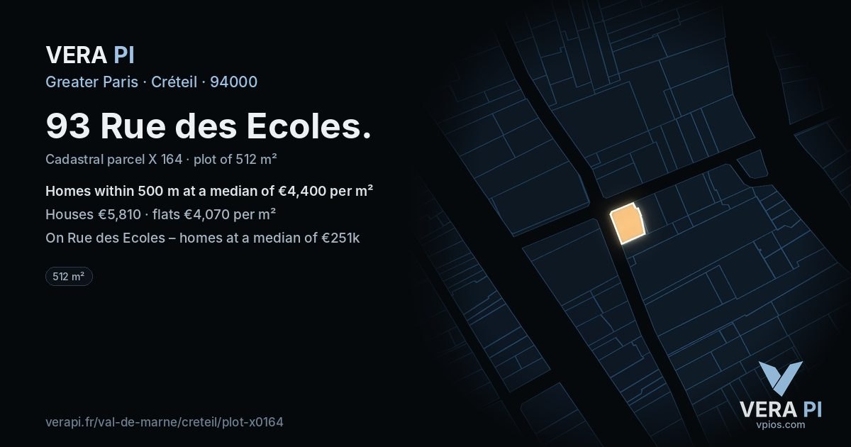 93 Rue des Ecoles, Créteil at night – the plot lit, the parcels around coloured by the prices near them
