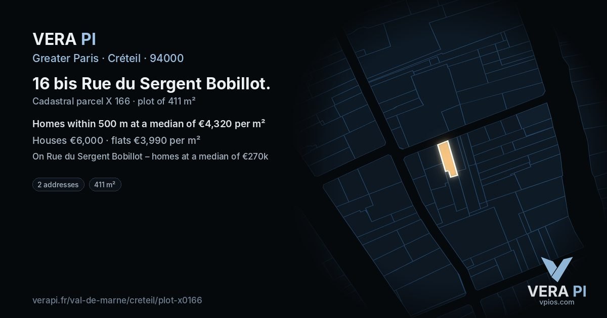 16 bis Rue du Sergent Bobillot, Créteil at night – the plot lit, the parcels around coloured by the prices near them