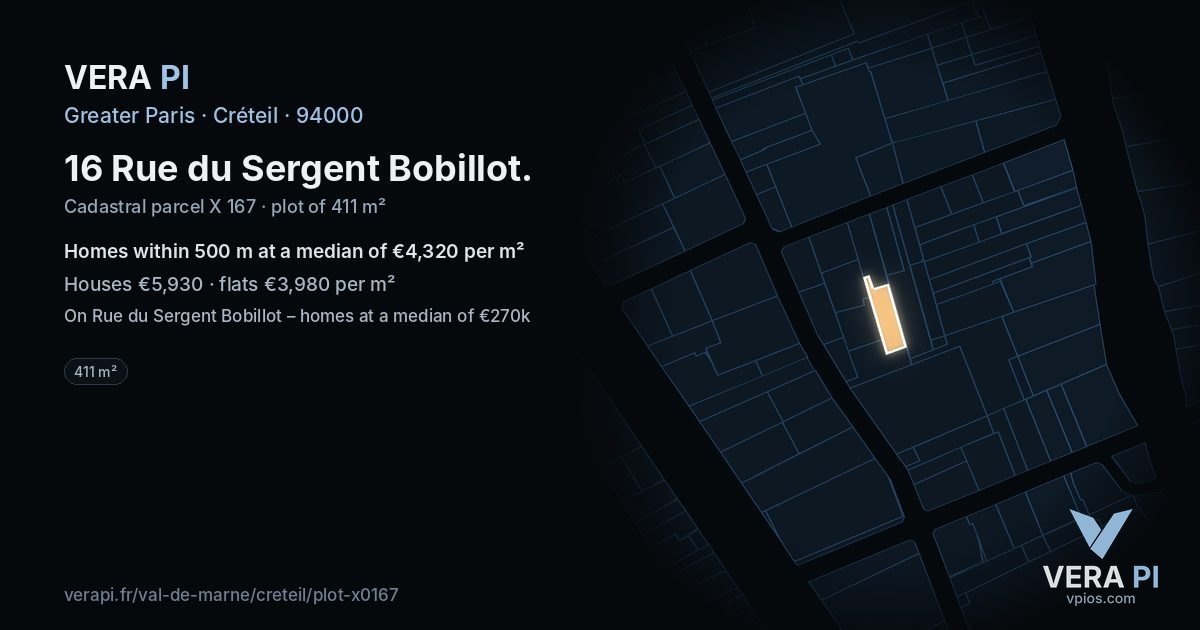 16 Rue du Sergent Bobillot, Créteil at night – the plot lit, the parcels around coloured by the prices near them