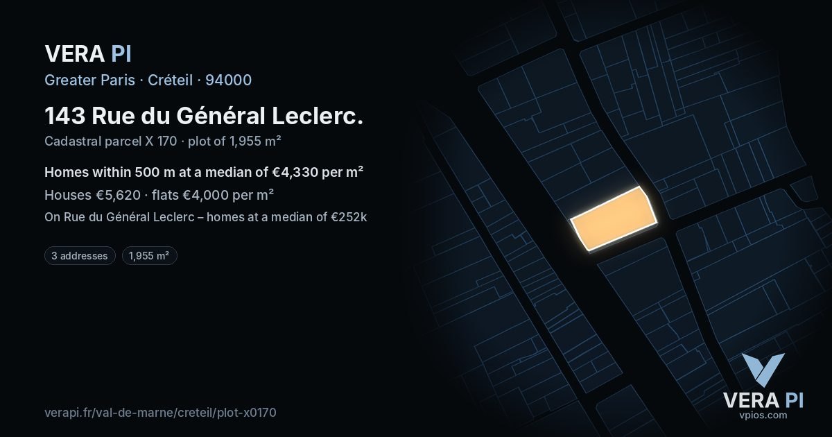 143 Rue du Général Leclerc, Créteil at night – the plot lit, the parcels around coloured by the prices near them