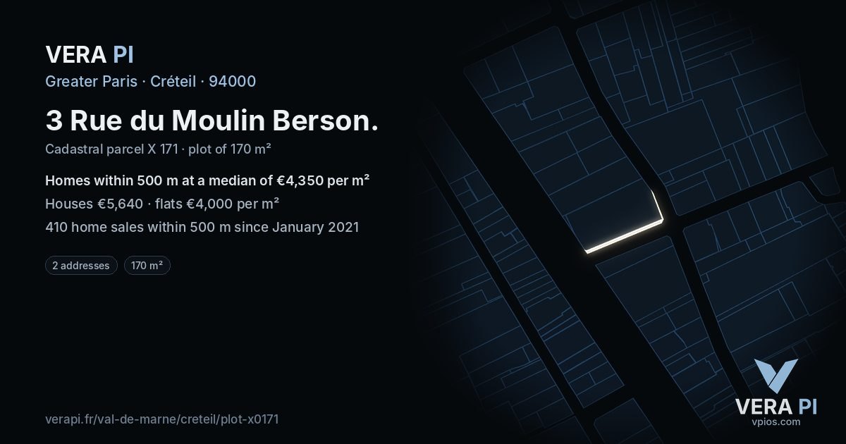 3 Rue du Moulin Berson, Créteil at night – the plot lit, the parcels around coloured by the prices near them