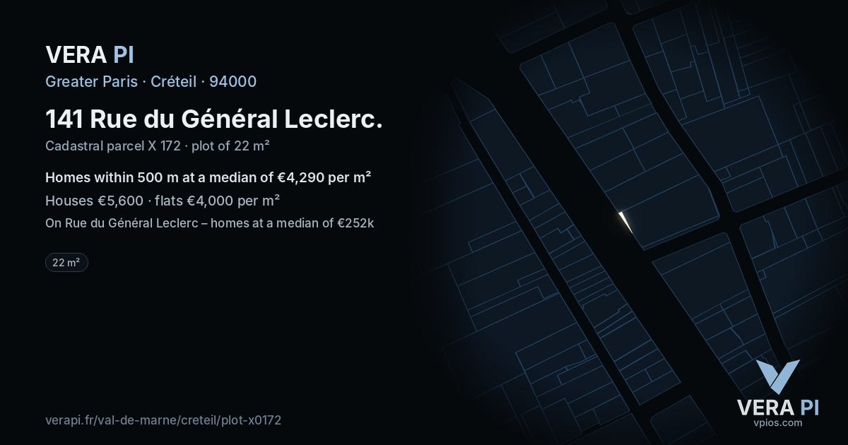 141 Rue du Général Leclerc, Créteil at night – the plot lit, the parcels around coloured by the prices near them