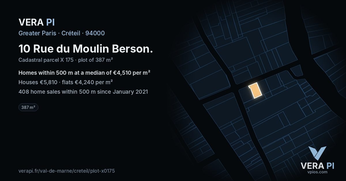 10 Rue du Moulin Berson, Créteil at night – the plot lit, the parcels around coloured by the prices near them