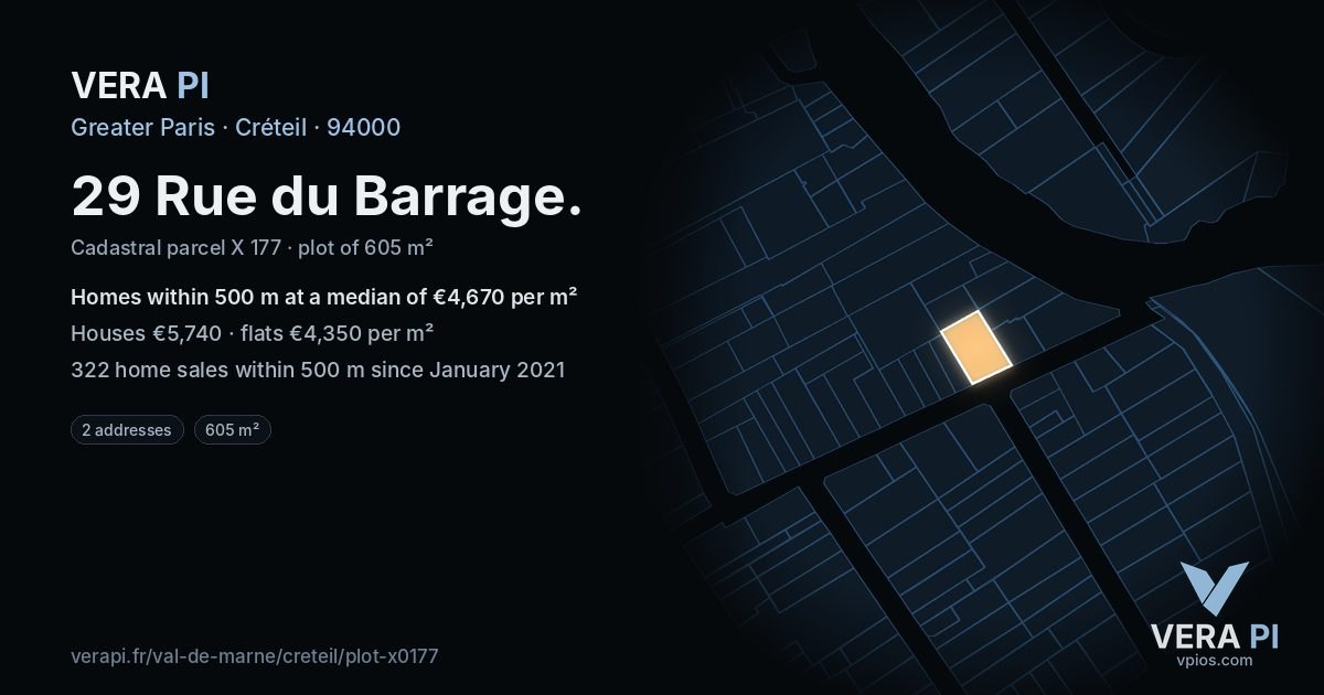 29 Rue du Barrage, Créteil at night – the plot lit, the parcels around coloured by the prices near them