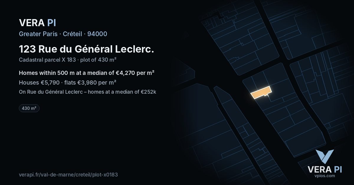 123 Rue du Général Leclerc, Créteil at night – the plot lit, the parcels around coloured by the prices near them