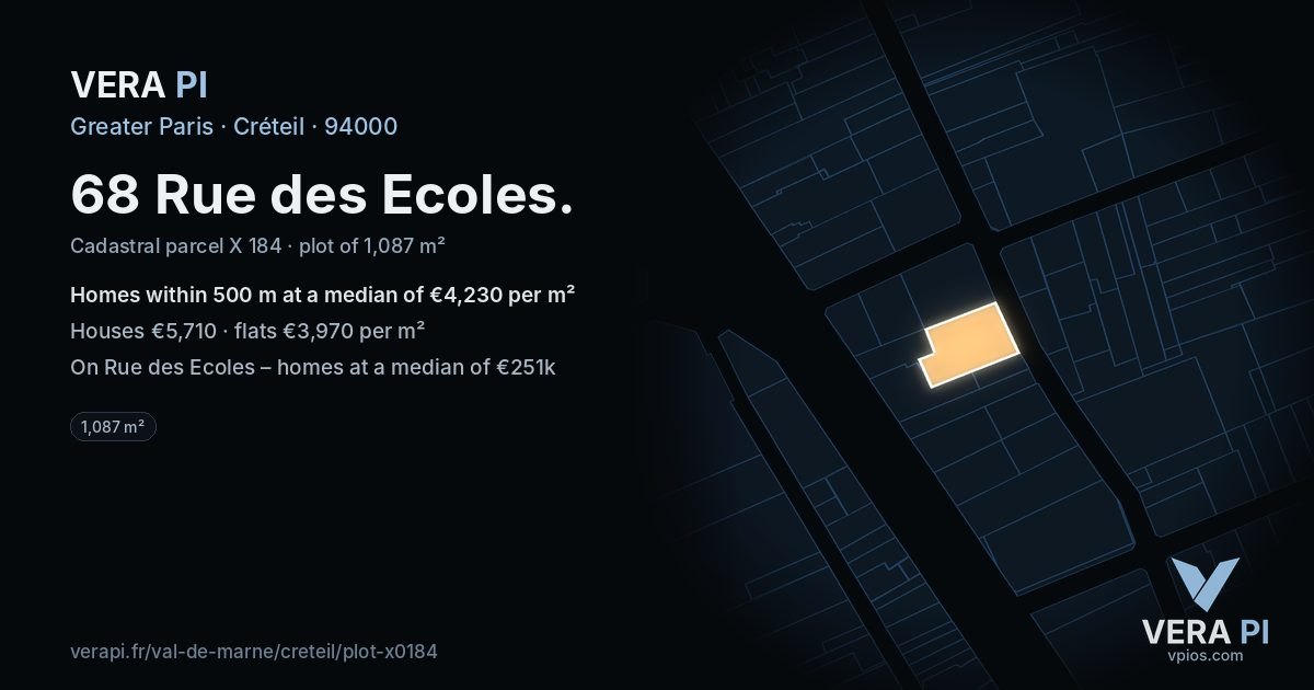 68 Rue des Ecoles, Créteil at night – the plot lit, the parcels around coloured by the prices near them