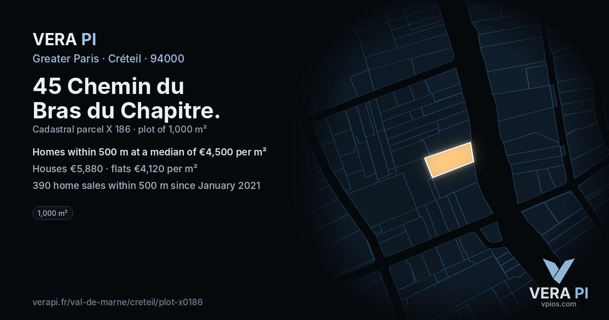 45 Chemin du Bras du Chapitre, Créteil at night – the plot lit, the parcels around coloured by the prices near them