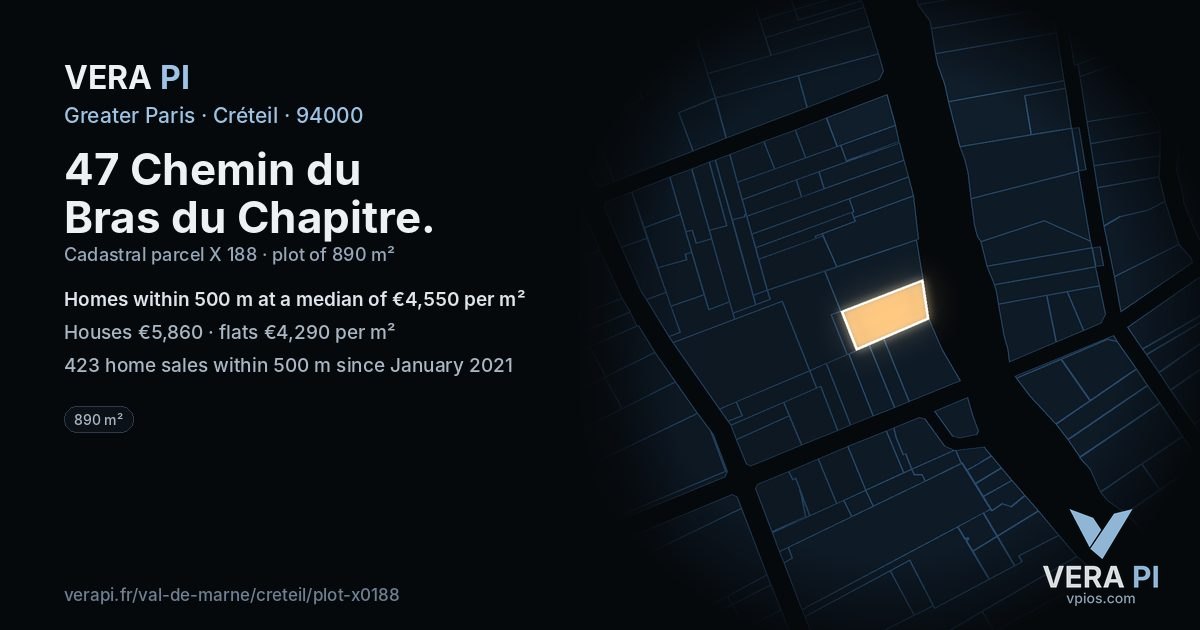 47 Chemin du Bras du Chapitre, Créteil at night – the plot lit, the parcels around coloured by the prices near them