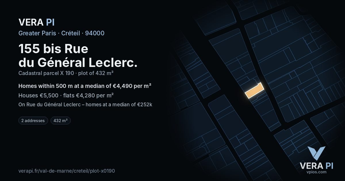 155 bis Rue du Général Leclerc, Créteil at night – the plot lit, the parcels around coloured by the prices near them