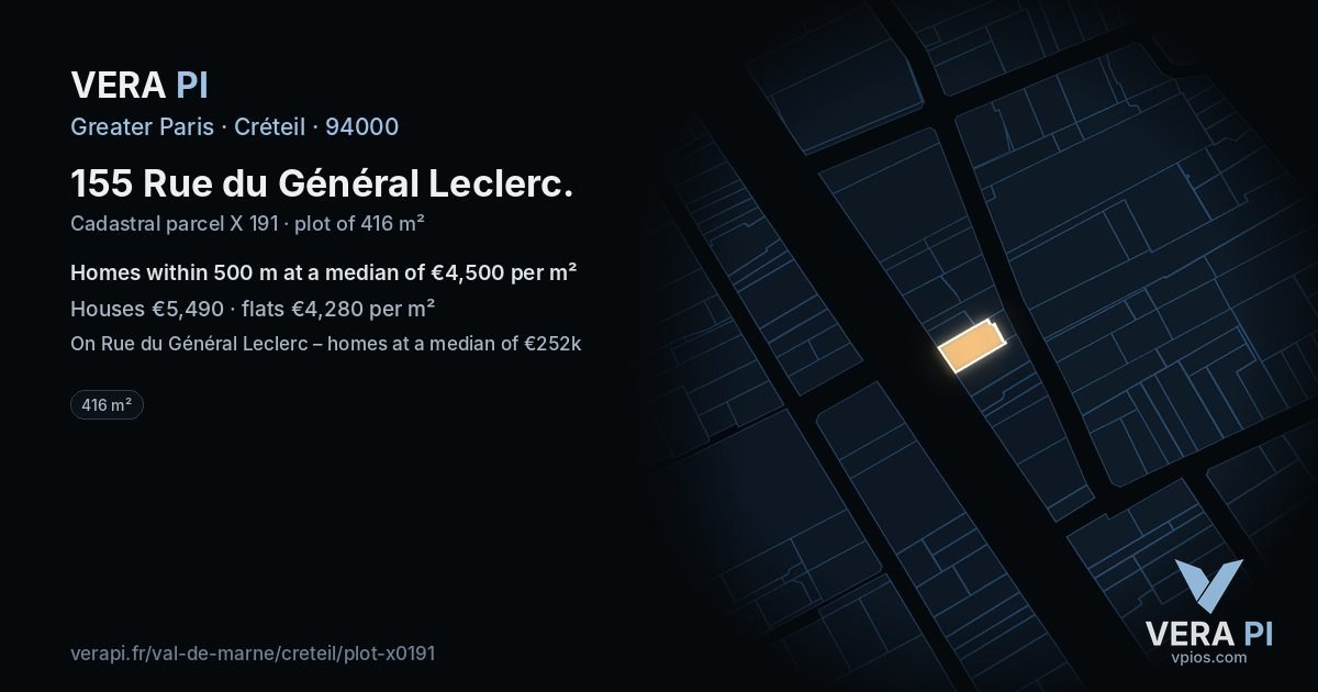 155 Rue du Général Leclerc, Créteil at night – the plot lit, the parcels around coloured by the prices near them