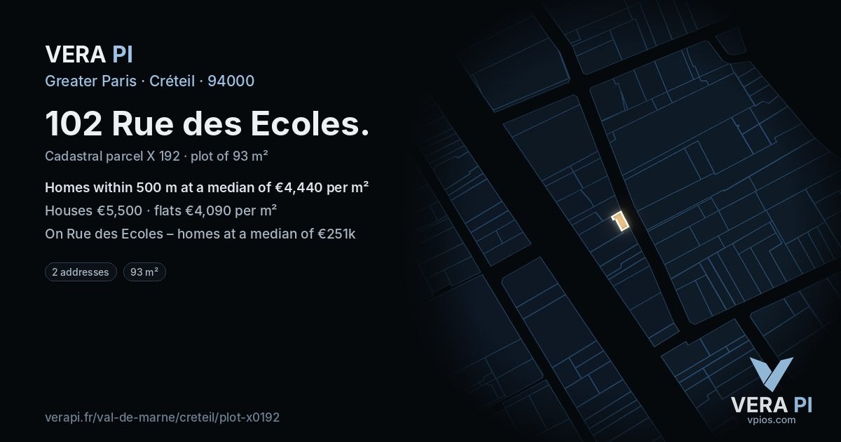 102 Rue des Ecoles, Créteil at night – the plot lit, the parcels around coloured by the prices near them