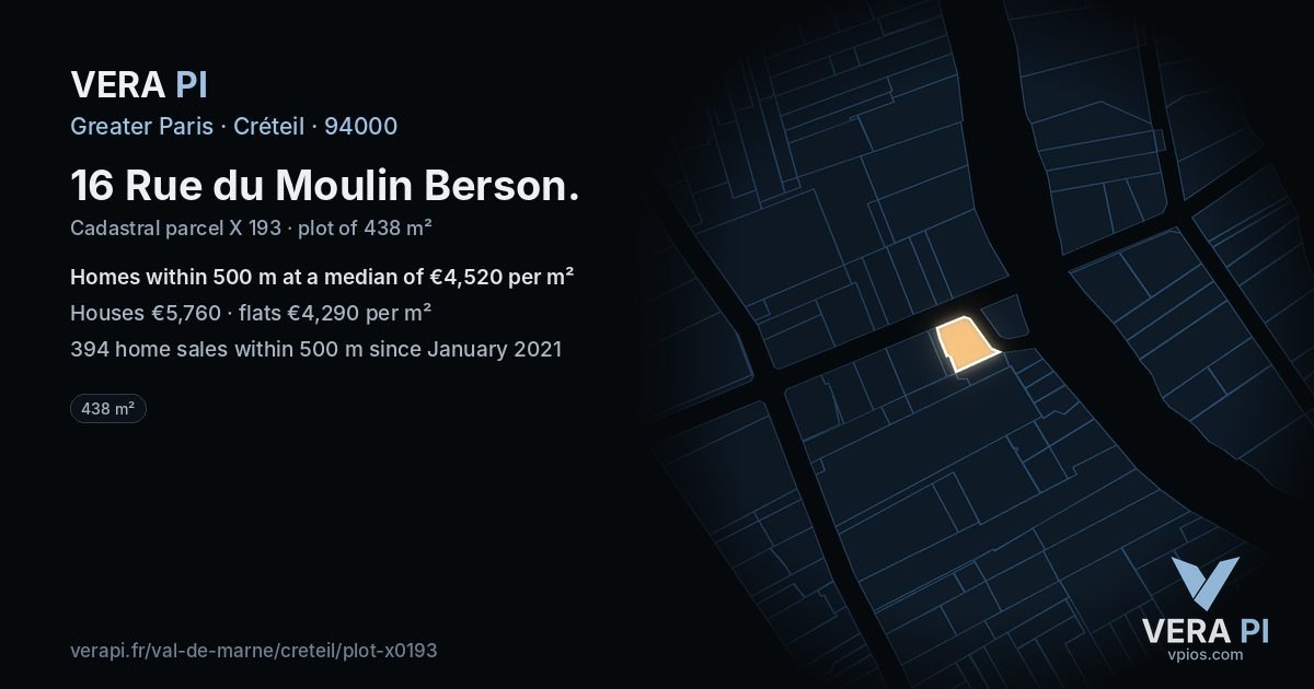 16 Rue du Moulin Berson, Créteil at night – the plot lit, the parcels around coloured by the prices near them