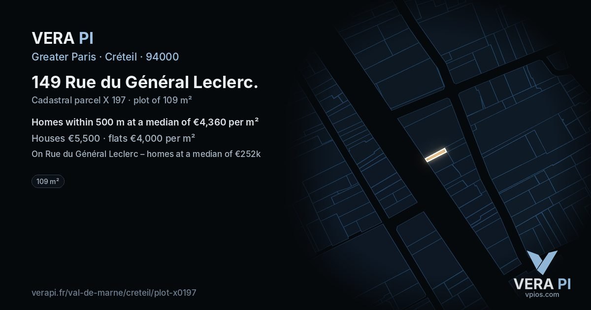 149 Rue du Général Leclerc, Créteil at night – the plot lit, the parcels around coloured by the prices near them