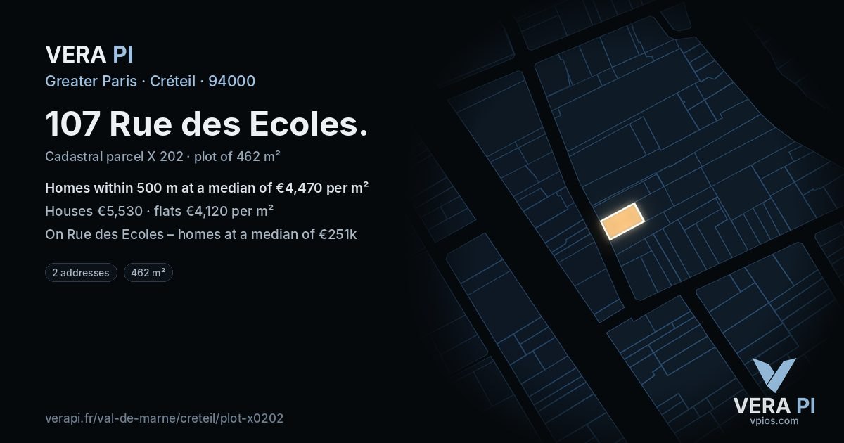 107 Rue des Ecoles, Créteil at night – the plot lit, the parcels around coloured by the prices near them