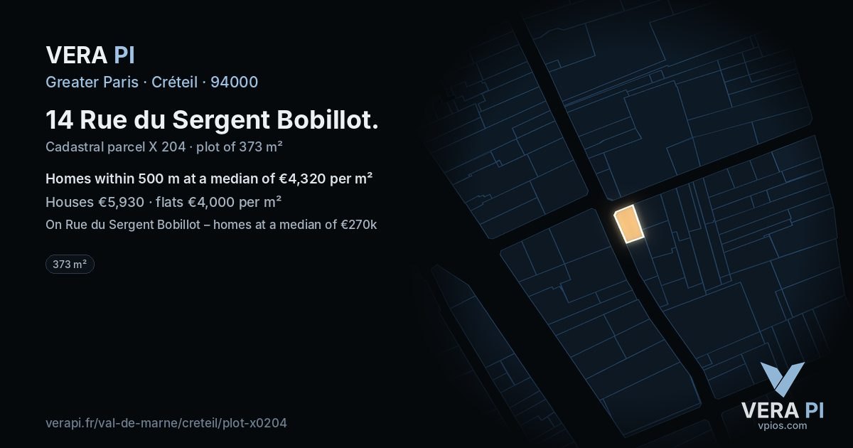 14 Rue du Sergent Bobillot, Créteil at night – the plot lit, the parcels around coloured by the prices near them
