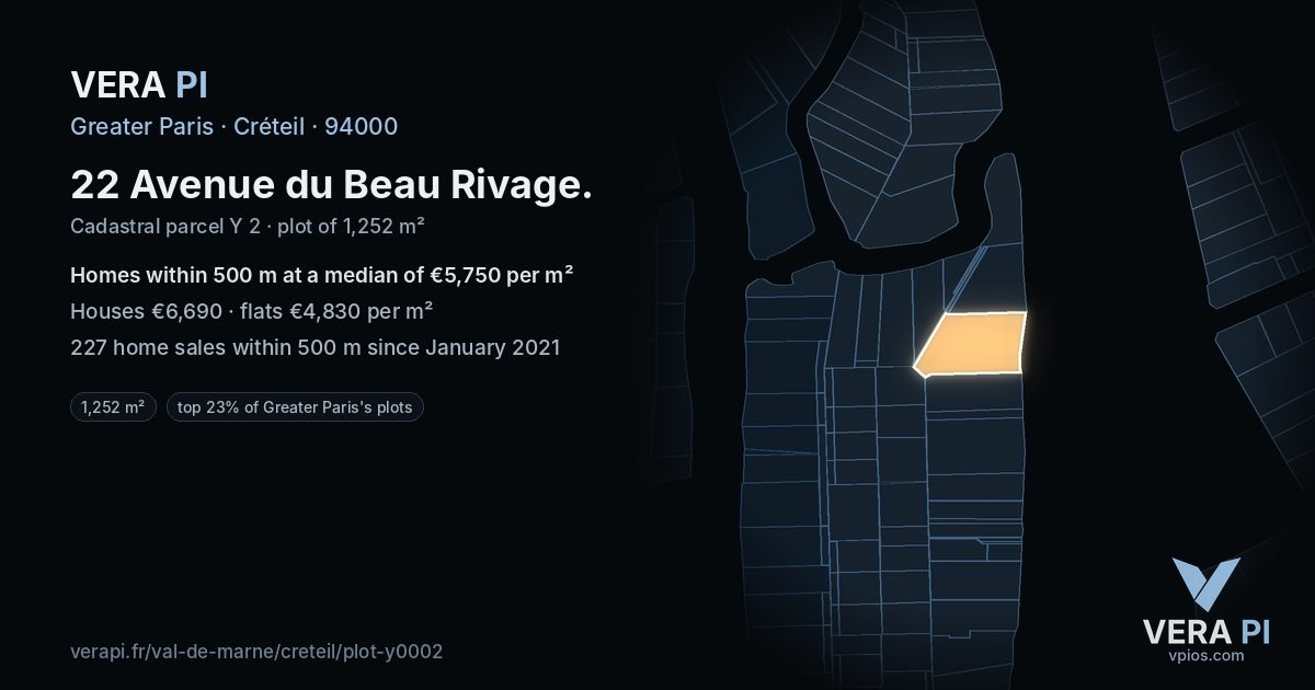 22 Avenue du Beau Rivage, Créteil at night – the plot lit, the parcels around coloured by the prices near them
