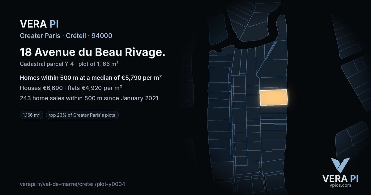 18 Avenue du Beau Rivage, Créteil at night – the plot lit, the parcels around coloured by the prices near them