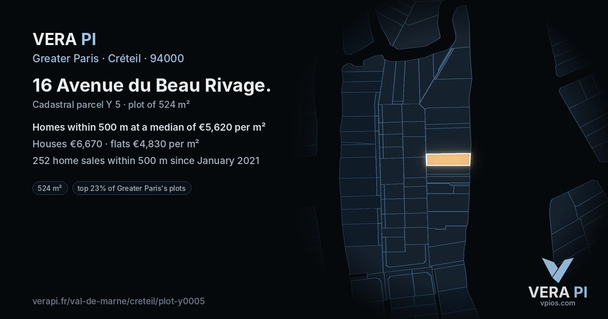 16 Avenue du Beau Rivage, Créteil at night – the plot lit, the parcels around coloured by the prices near them