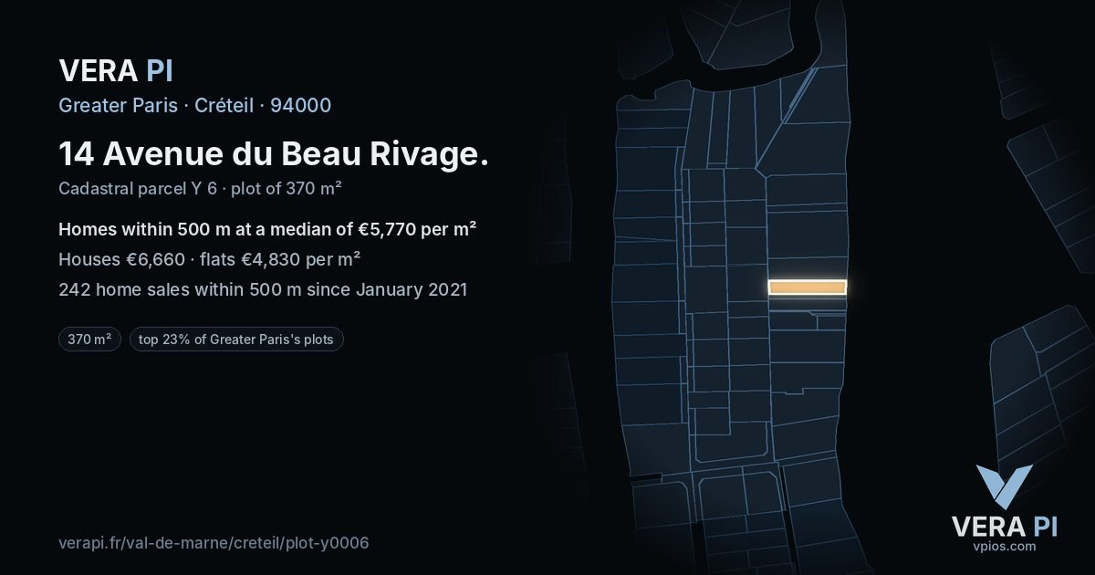 14 Avenue du Beau Rivage, Créteil at night – the plot lit, the parcels around coloured by the prices near them